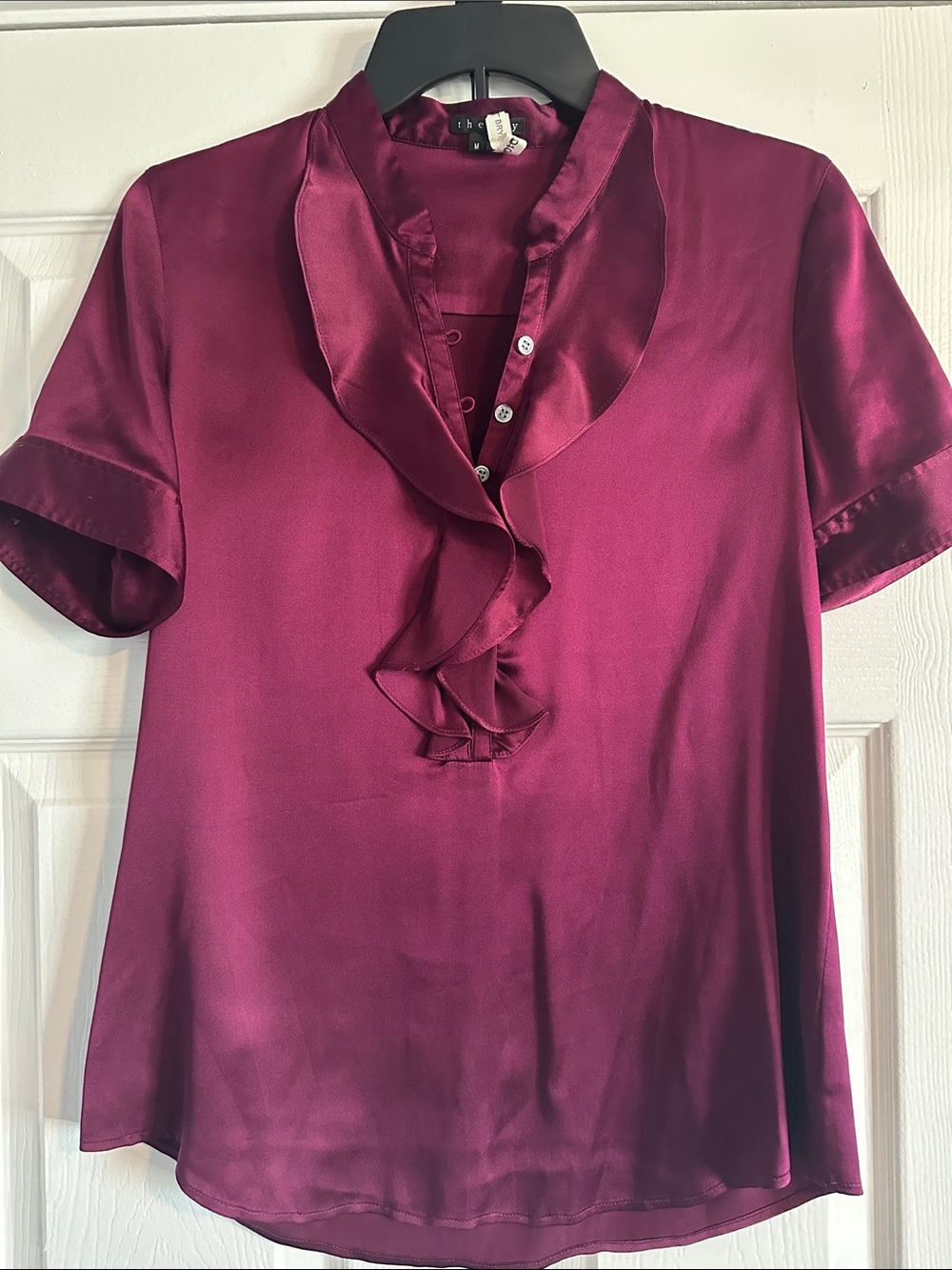 Theory Silk Ruffle V-Neck Blouse - Berry